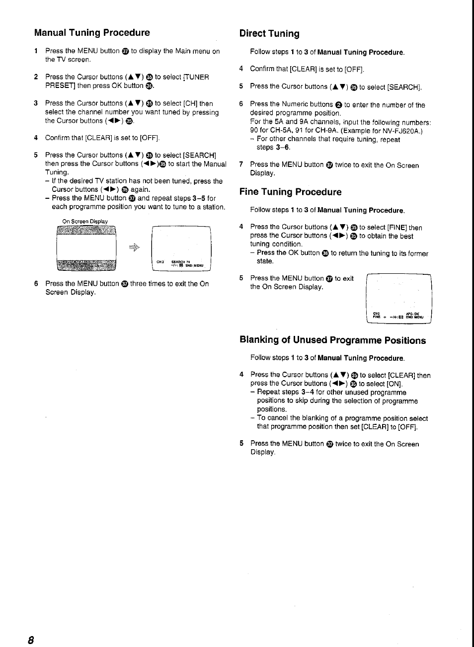 Manual tuning procedure, Fine tuning procedure, Direct tuning | Blanking of unused programme positions | Panasonic G-CODE NV-FJ620 User Manual | Page 8 / 28