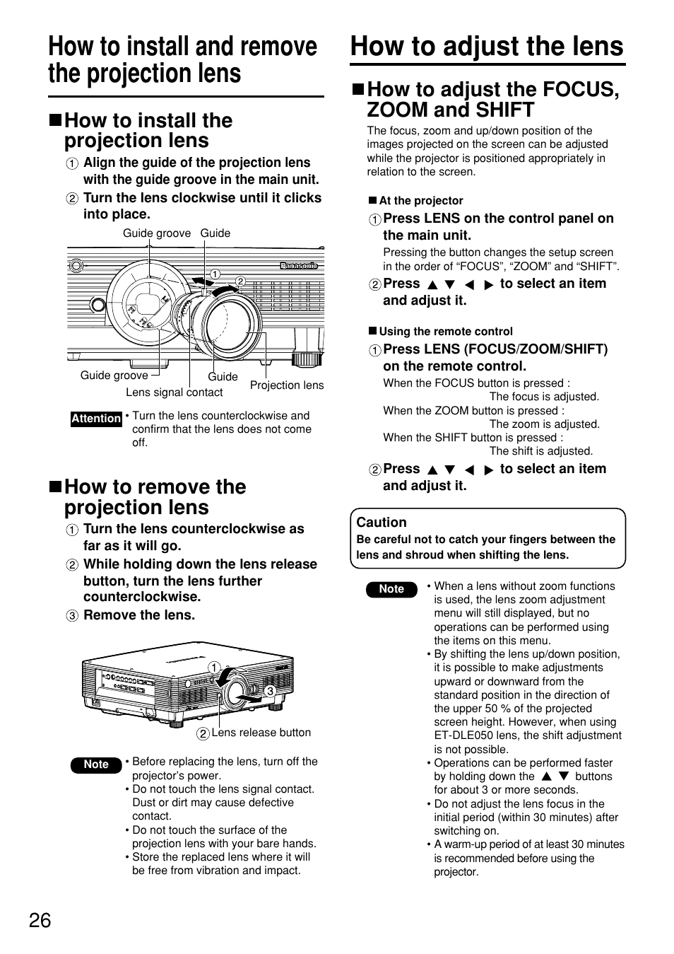 How to install the projection lens, How to remove the projection lens, How to adjust the focus, zoom and shift | Panasonic PT DW5100UL User Manual | Page 26 / 72