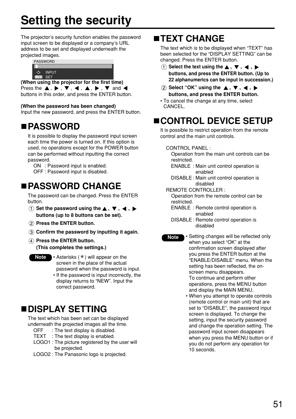 Setting the security, Password, Password change | Display setting, Text change, Control device setup | Panasonic PT DW5100UL User Manual | Page 51 / 72
