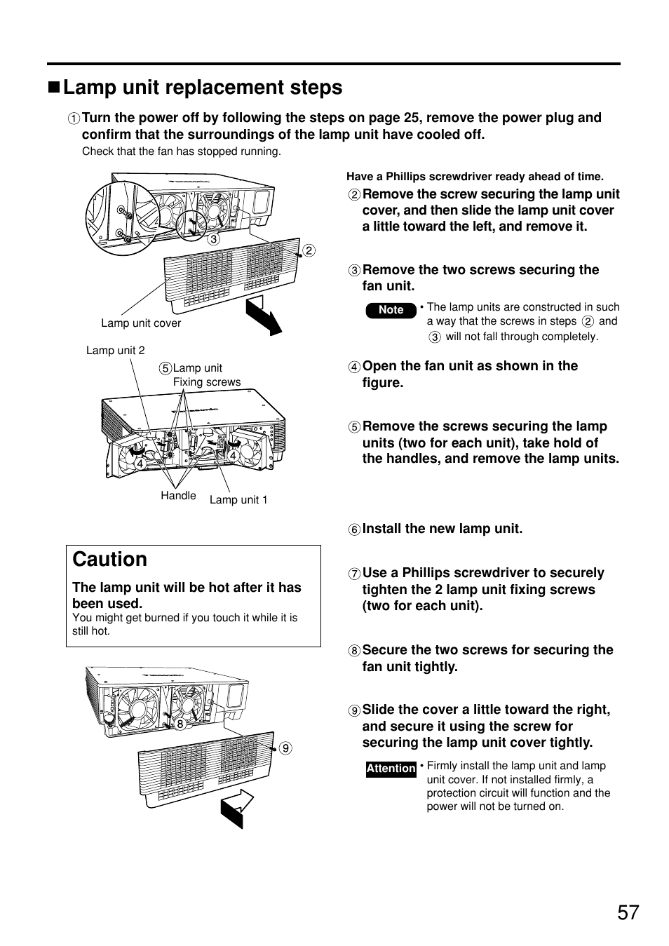 57 lamp unit replacement steps, Caution | Panasonic PT DW5100UL User Manual | Page 57 / 72