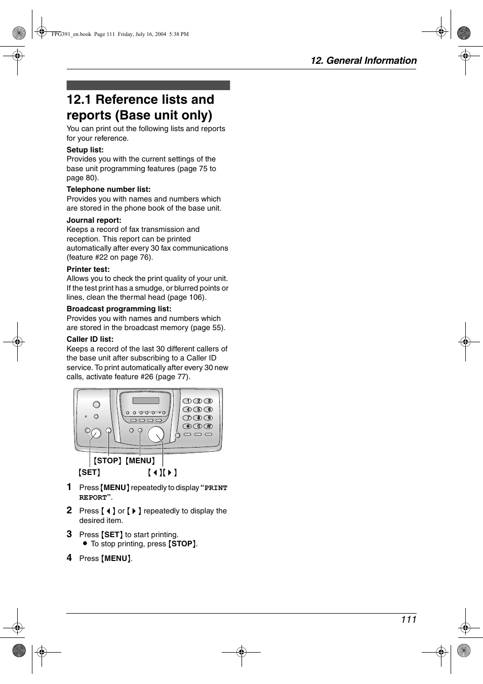 General information, Printed reports, 1 reference lists and reports (base unit only) | Reference lists and reports (base unit, Only), 1 reference lists and reports (base unit only), General information 111 | Panasonic KX-FPG391 User Manual | Page 113 / 126