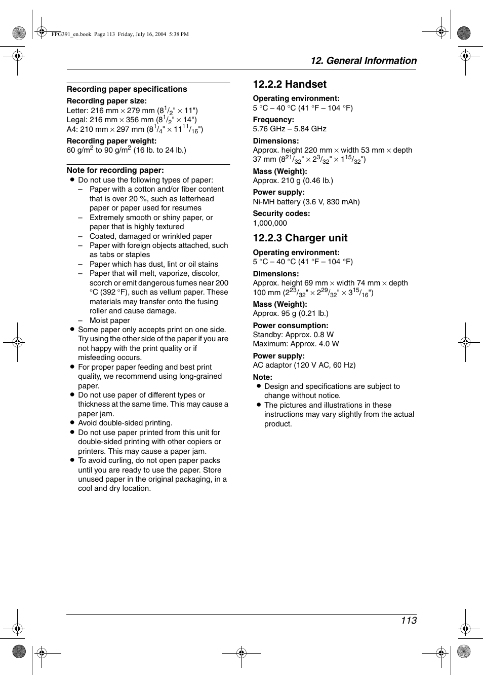 2 handset, 3 charger unit, General information 113 | Panasonic KX-FPG391 User Manual | Page 115 / 126
