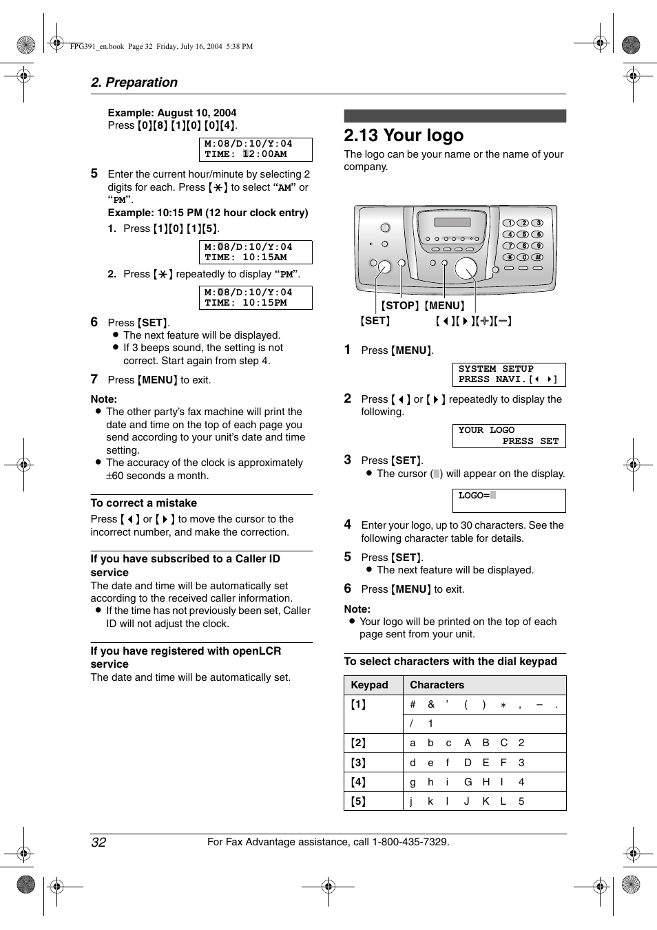 13 your logo, Your logo, 13 your logo | Preparation 32 | Panasonic KX-FPG391 User Manual | Page 34 / 126