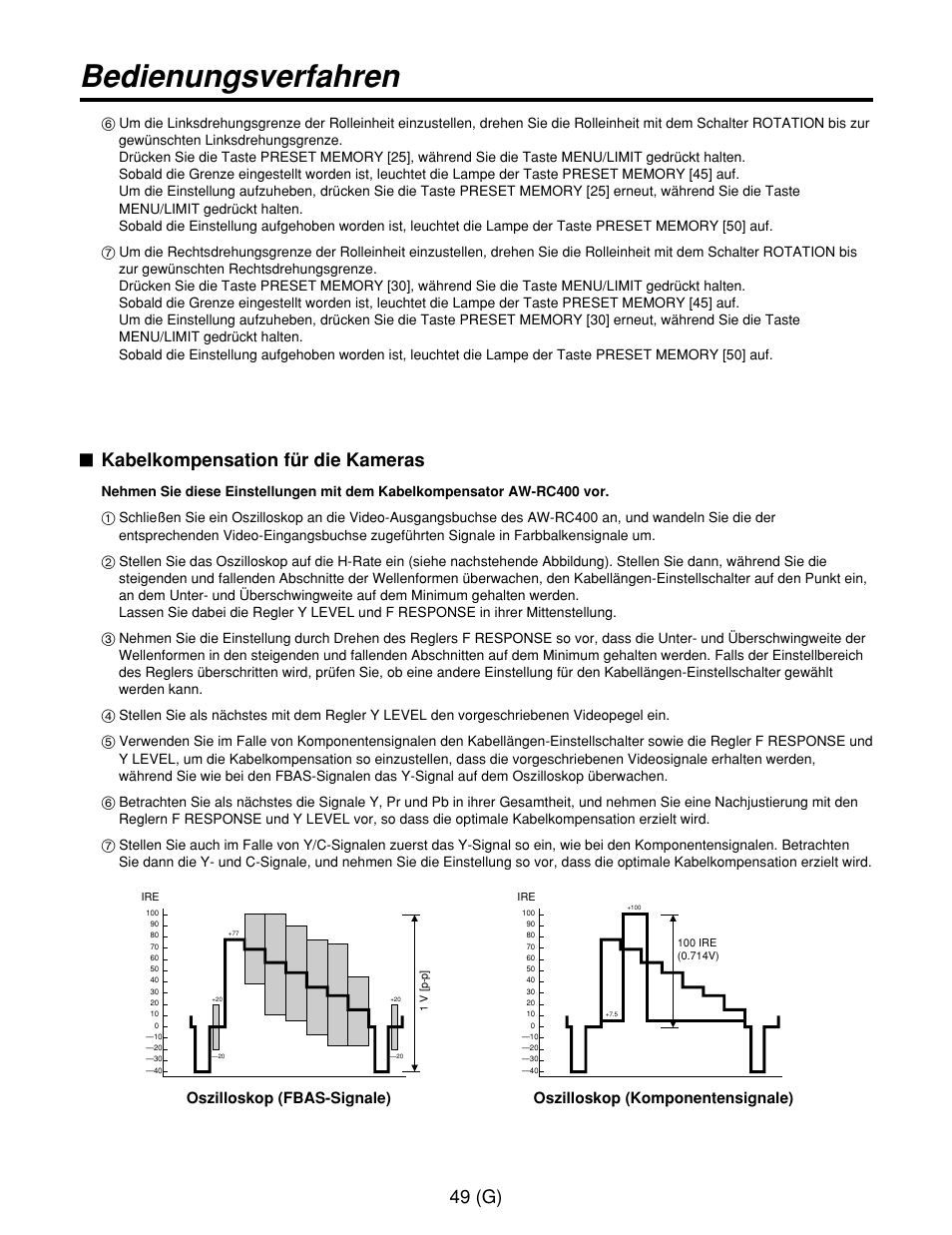 Bedienungsverfahren, 49 (g), Kabelkompensation für die kameras | Panasonic AW-RP400E User Manual | Page 104 / 272