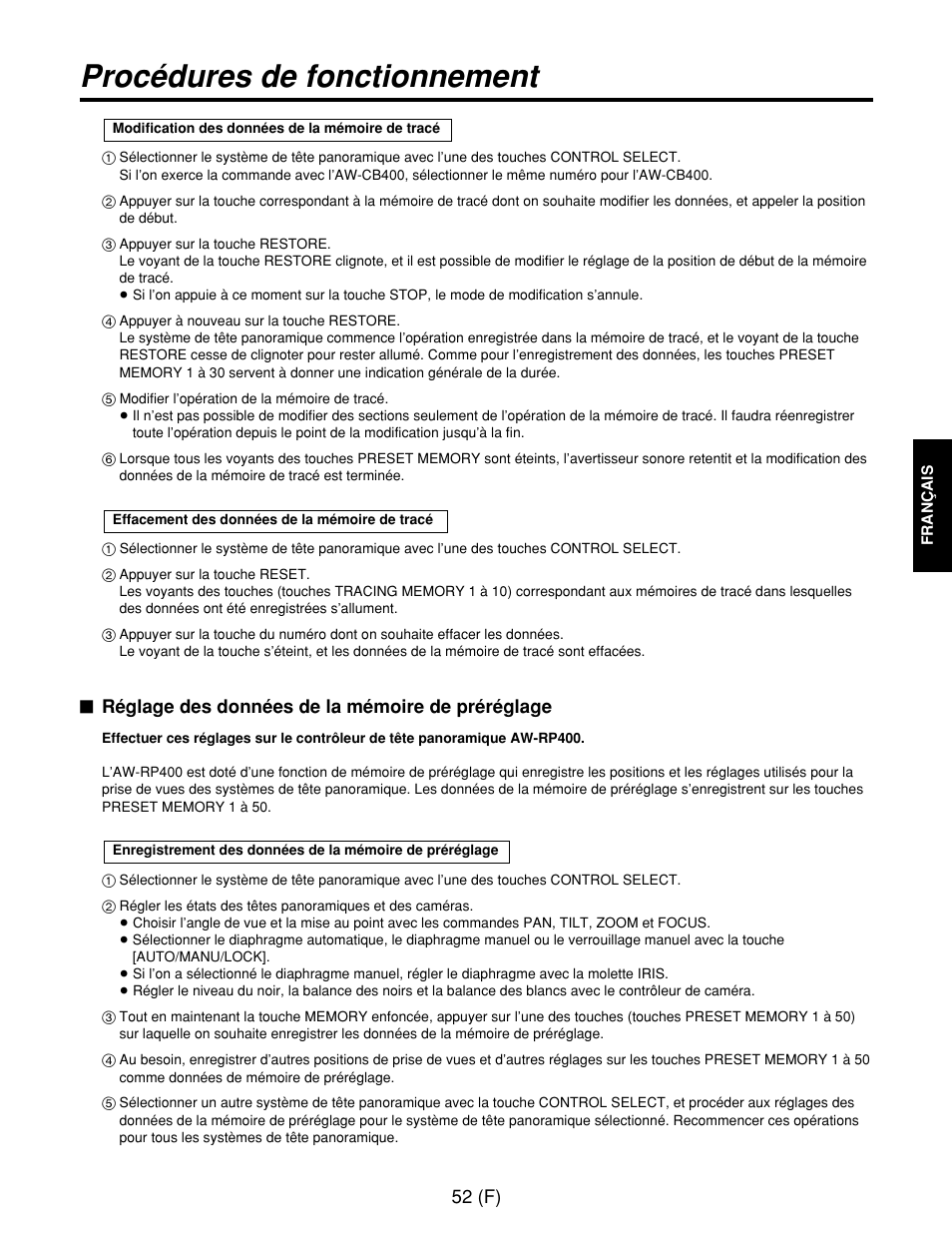 Procédures de fonctionnement | Panasonic AW-RP400E User Manual | Page 161 / 272