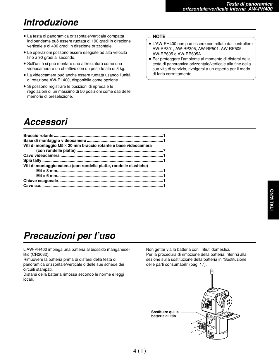 Introduzione accessori precauzioni per l’uso | Panasonic AW-RP400E User Manual | Page 167 / 272