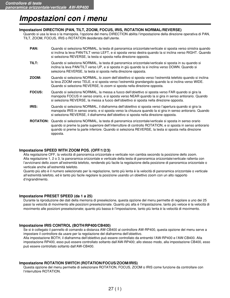 Impostazioni con i menu | Panasonic AW-RP400E User Manual | Page 190 / 272