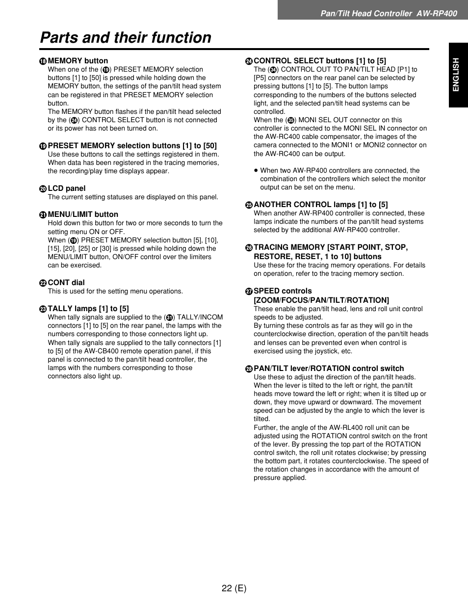 Parts and their function | Panasonic AW-RP400E User Manual | Page 23 / 272