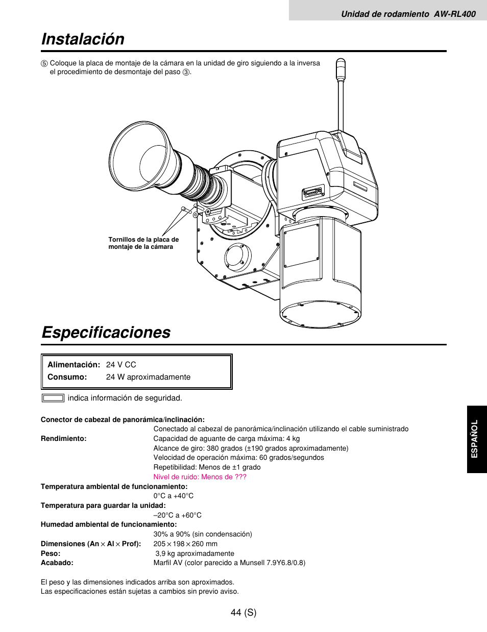 Especificaciones, Instalación | Panasonic AW-RP400E User Manual | Page 261 / 272