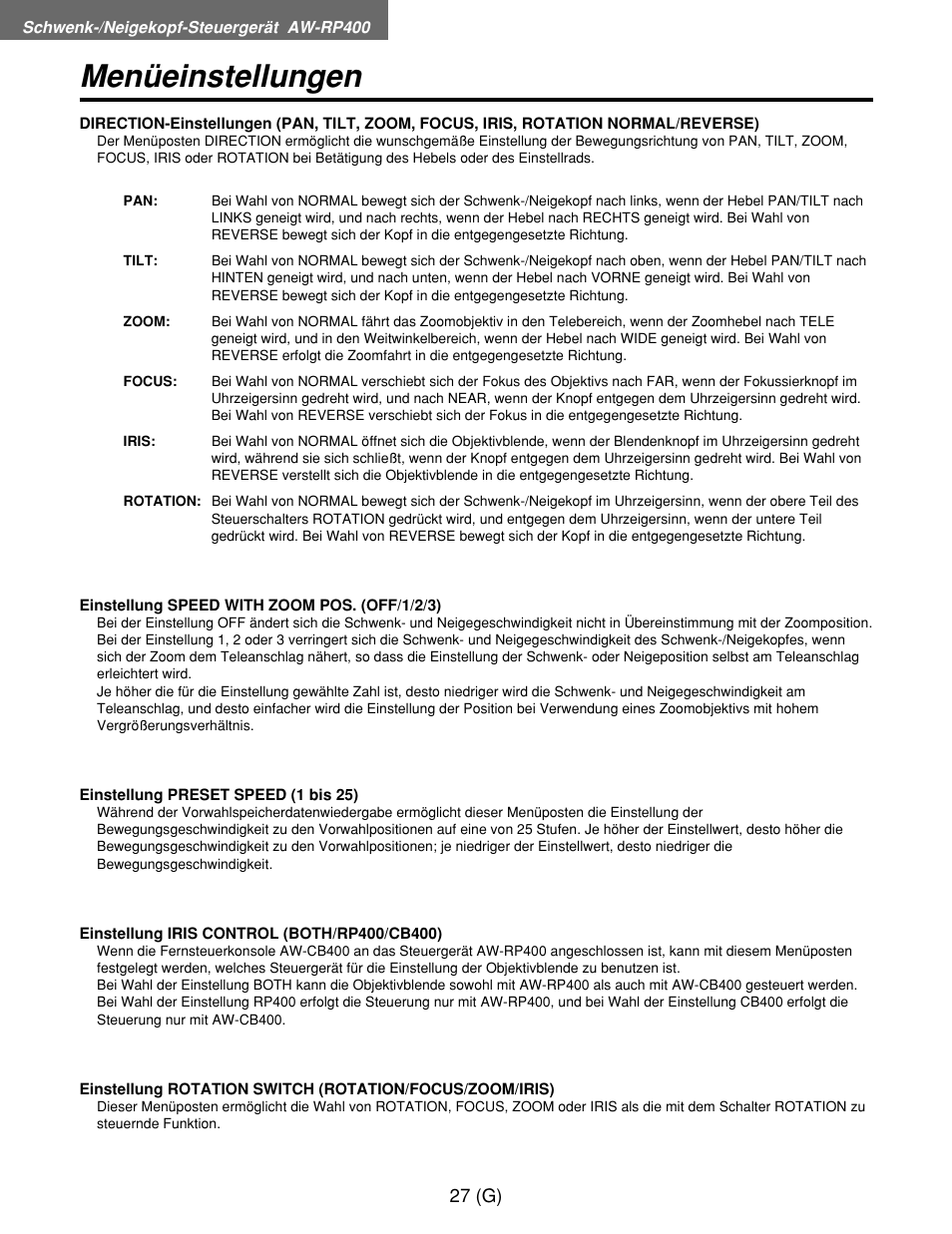 Menüeinstellungen | Panasonic AW-RP400E User Manual | Page 82 / 272