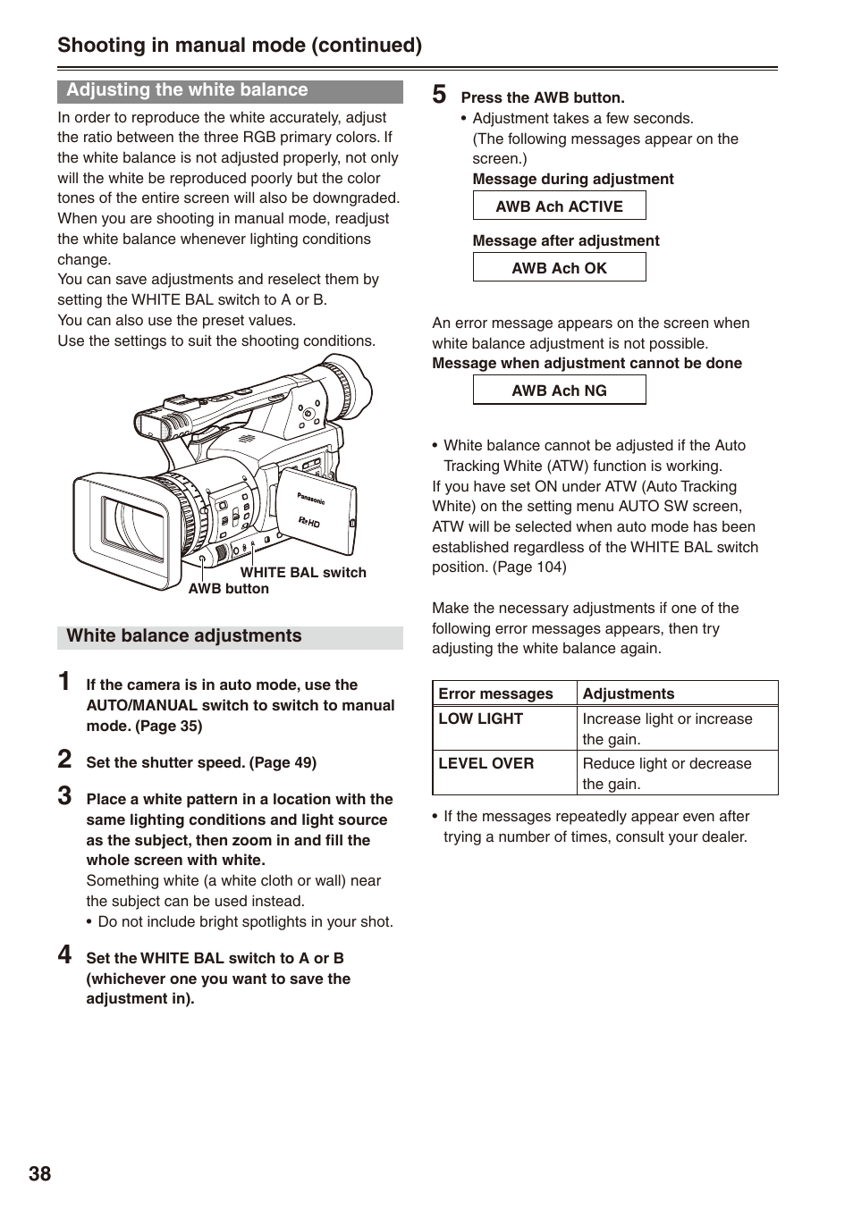 Adjusting the white balance | Panasonic AG-HPX170P User Manual | Page 38 / 128