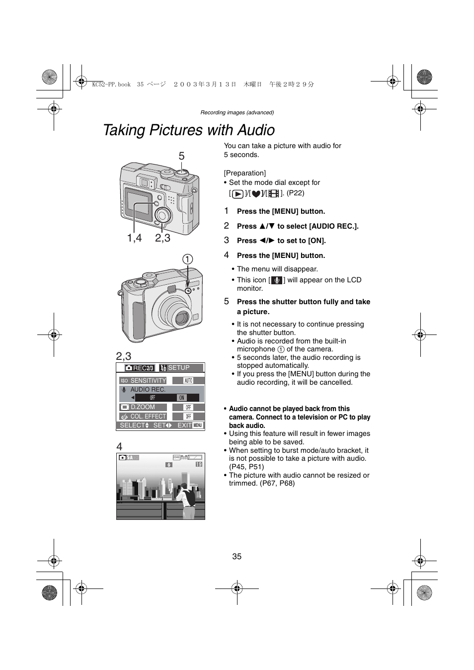 Taking pictures with audio | Panasonic DMC-LC33PP User Manual | Page 35 / 104