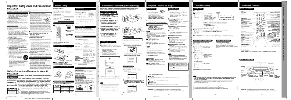 Timer recording, Location of controls, Important safeguards and precautions | Safety precautions/mesures de sécurité, Playback / record on a tape, Connections / initial setup (ready to play), Before using, Avertissement, Attention, Fcc warning | Panasonic PV-V4524S User Manual | Page 4 / 12