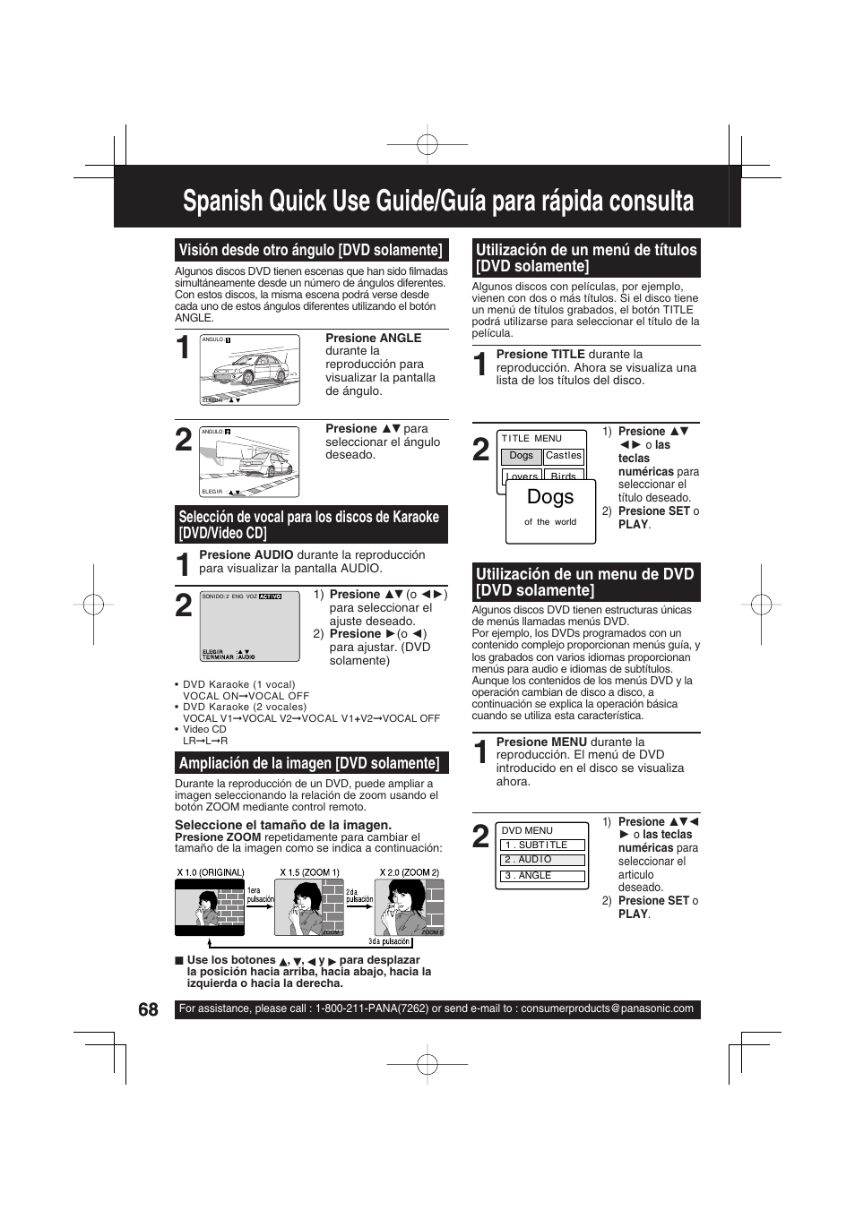 Spanish quick use guide/guía para rápida consulta, Dogs, Utilización de un menú de títulos [dvd solamente | Utilización de un menu de dvd [dvd solamente | Panasonic PV DM2093 User Manual | Page 68 / 76