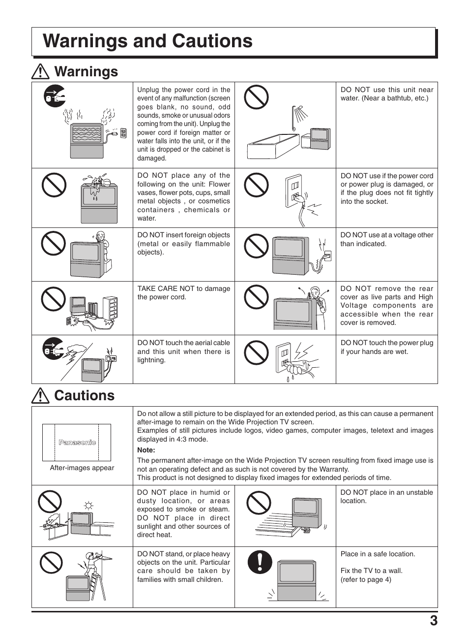 Warnings and cautions, Warnings, Cautions | Panasonic TX-47P950A User Manual | Page 3 / 39