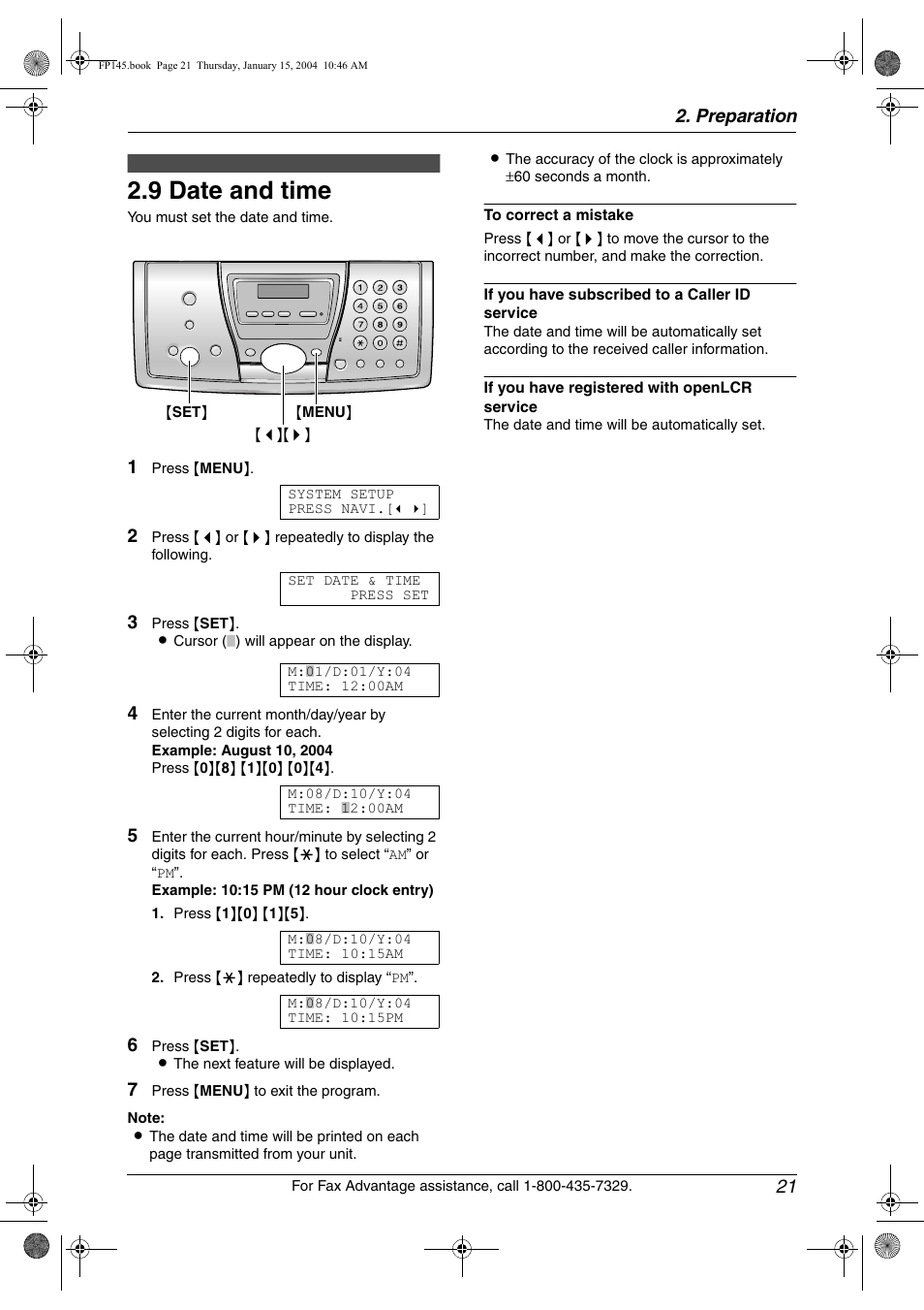 Initial programming, 9 date and time, Date and time | 9 date and time, Preparation 21 | Panasonic KX-FP145 User Manual | Page 23 / 86