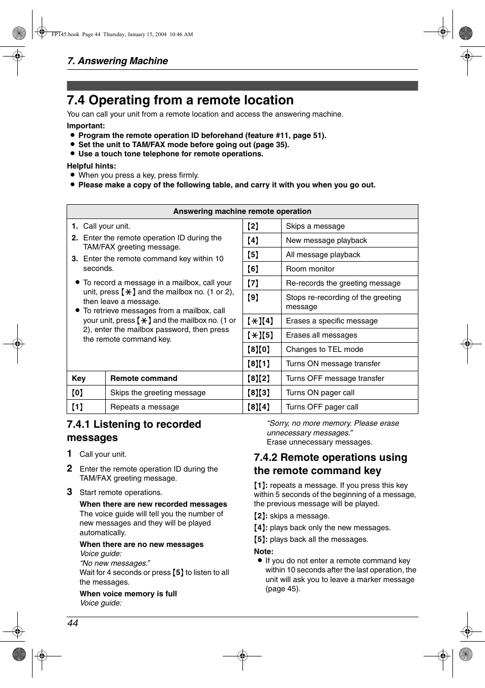 Remote operation, 4 operating from a remote location, Operating from a remote location | 4 operating from a remote location, 1 listening to recorded messages, 2 remote operations using the remote command key, Answering machine 44 | Panasonic KX-FP145 User Manual | Page 46 / 86