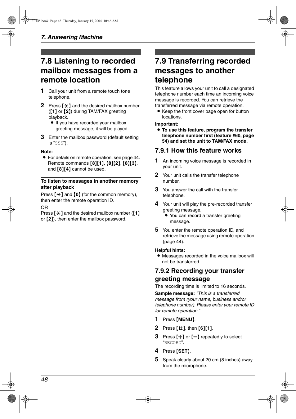 Option, 1 how this feature works, 2 recording your transfer greeting message | Panasonic KX-FP145 User Manual | Page 50 / 86