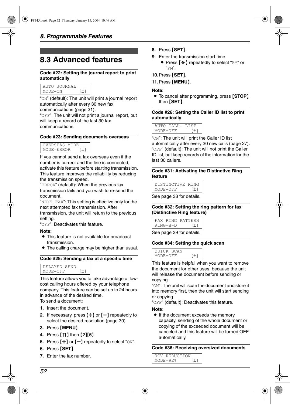 3 advanced features, Advanced features, 3 advanced features | Programmable features 52 | Panasonic KX-FP145 User Manual | Page 54 / 86