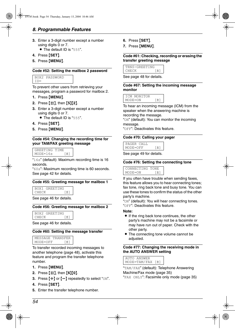 Programmable features 54 | Panasonic KX-FP145 User Manual | Page 56 / 86