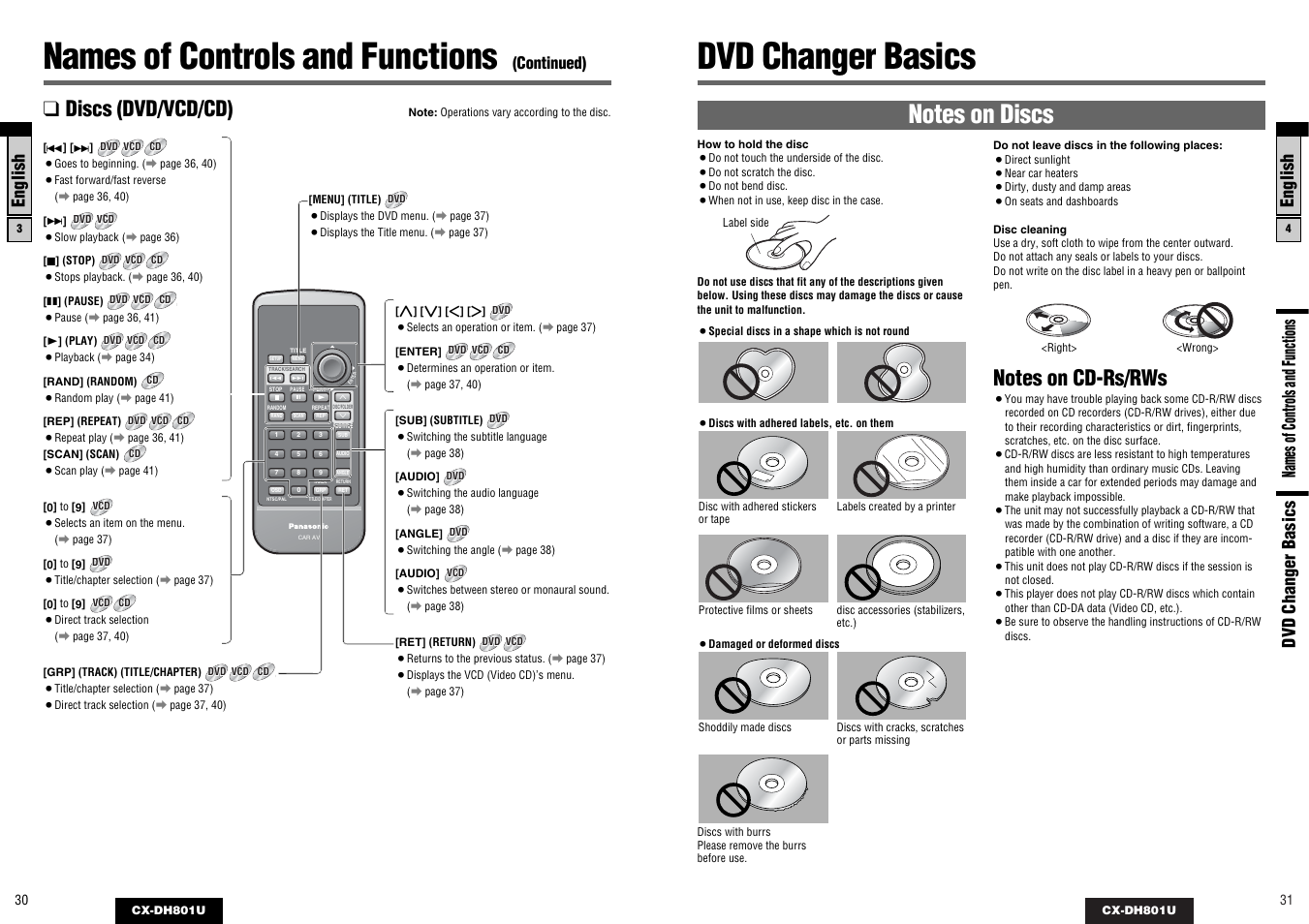 Dvd changer basics, Names of controls and functions, Discs (dvd/vcd/cd) | English, English names of controls and functions, Continued) | Panasonic CX-DH801U User Manual | Page 16 / 36