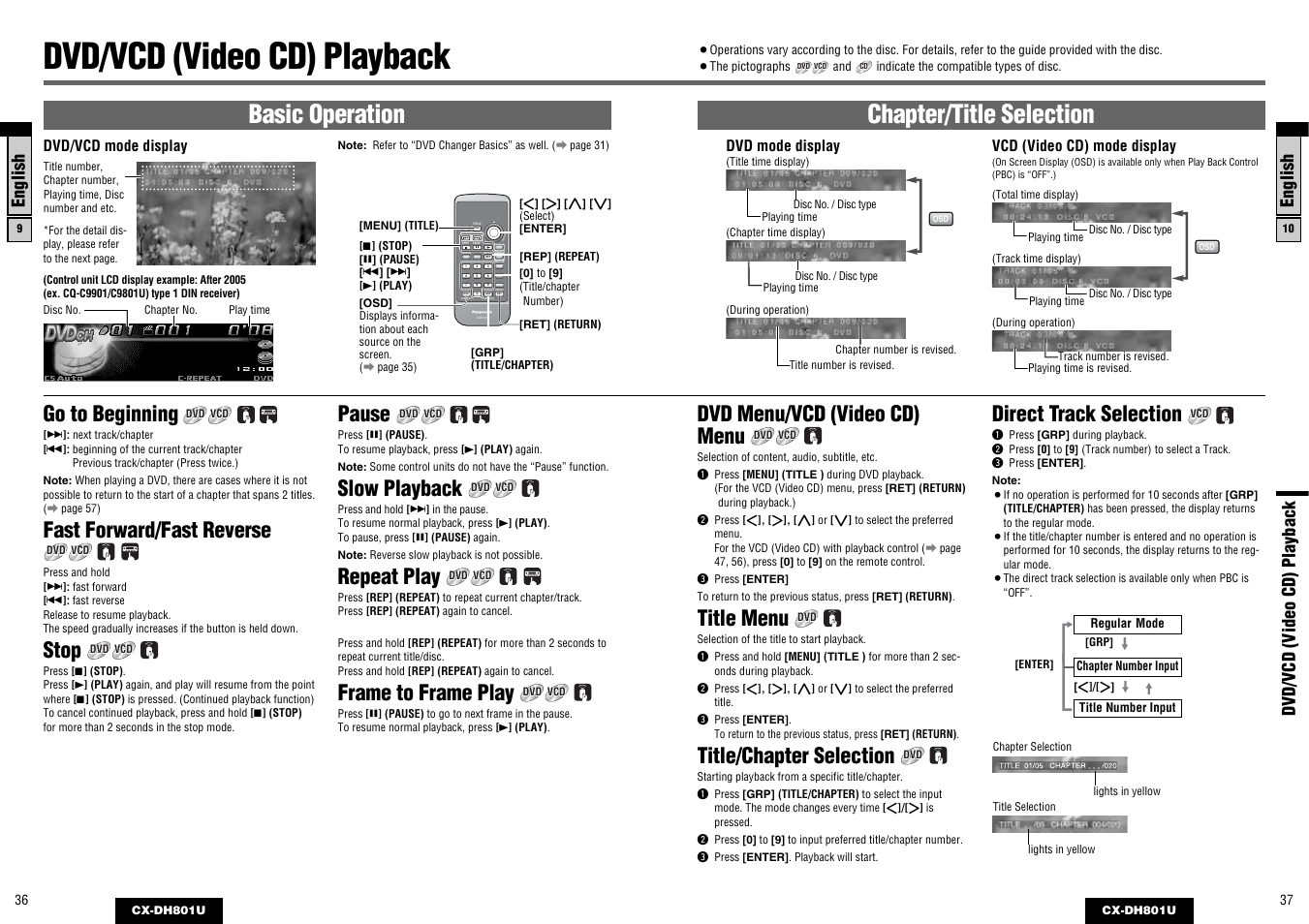 Dvd / vcd (video cd) playback, Dvd/vcd (video cd) playback, Chapter/title selection | Basic operation, Dvd menu/vcd (video cd) menu, Title menu, Title/chapter selection, Direct track selection, Go to beginning, Fast forward/fast reverse | Panasonic CX-DH801U User Manual | Page 19 / 36