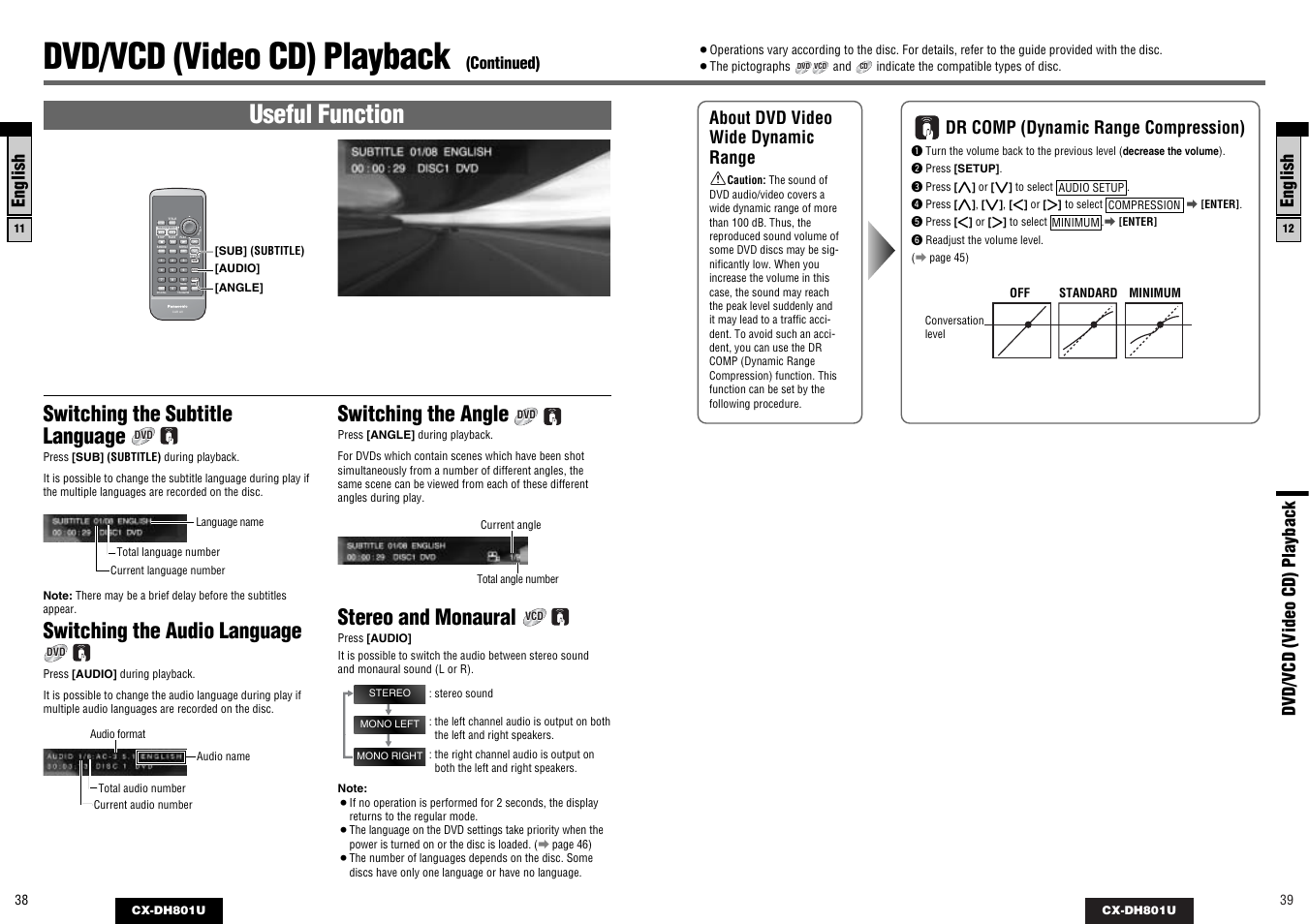 Dvd/vcd (video cd) playback, Useful function, Switching the subtitle language | Switching the audio language, Switching the angle, Stereo and monaural, Ntsc/pal title/chapter track, Return, English, English dvd/vcd (video cd) playback | Panasonic CX-DH801U User Manual | Page 20 / 36