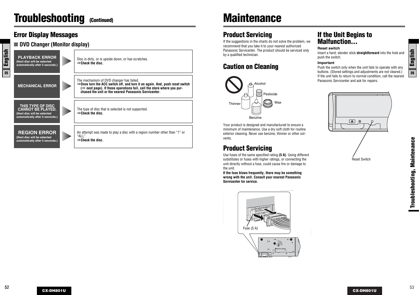 Maintenance, Troubleshooting, Product servicing | If the unit begins to malfunction, Caution on cleaning, Error display messages | Panasonic CX-DH801U User Manual | Page 27 / 36