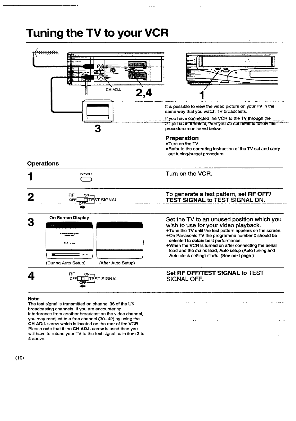 Tuning the tv to your vcr, Operations, Preparation | Turn on the vcr, Set rf off/test signal to test signal off | Panasonic NV-SD450B User Manual | Page 10 / 48