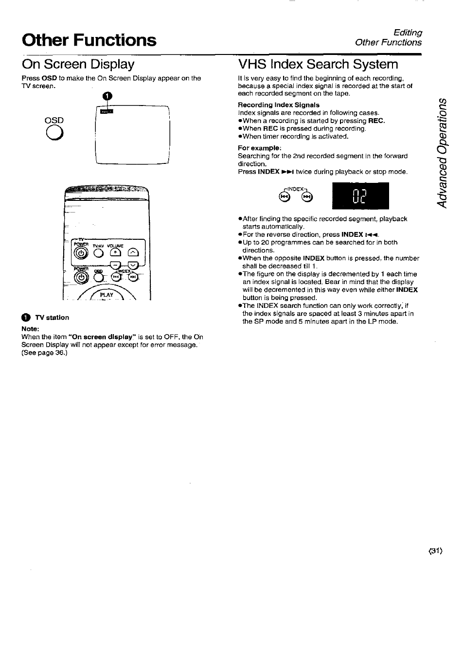 Other functions, On screen display, Vhs index search system | Panasonic NV-SD450B User Manual | Page 31 / 48