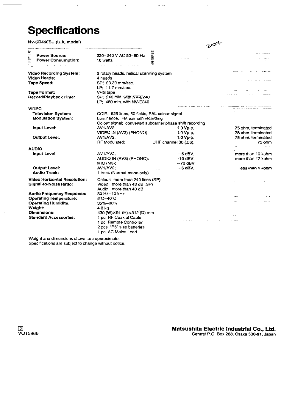 Specifications, Matsushita electric fnduslilai co^ ltd | Panasonic NV-SD450B User Manual | Page 48 / 48