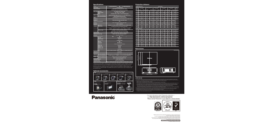 09_dz6710u_ctlg_p6, Optional accessories projection distance, Dimensions | Specifications | Panasonic PT-DZ6700U User Manual | Page 6 / 6