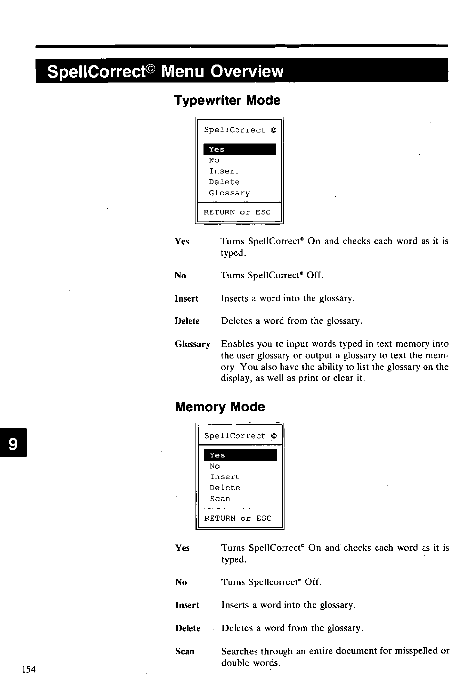 Spellcorrect© menu overview, Typewriter mode, Memory mode | Spellcorrect® menu overview, Typewiter mode | Panasonic KX-E2500 User Manual | Page 164 / 252