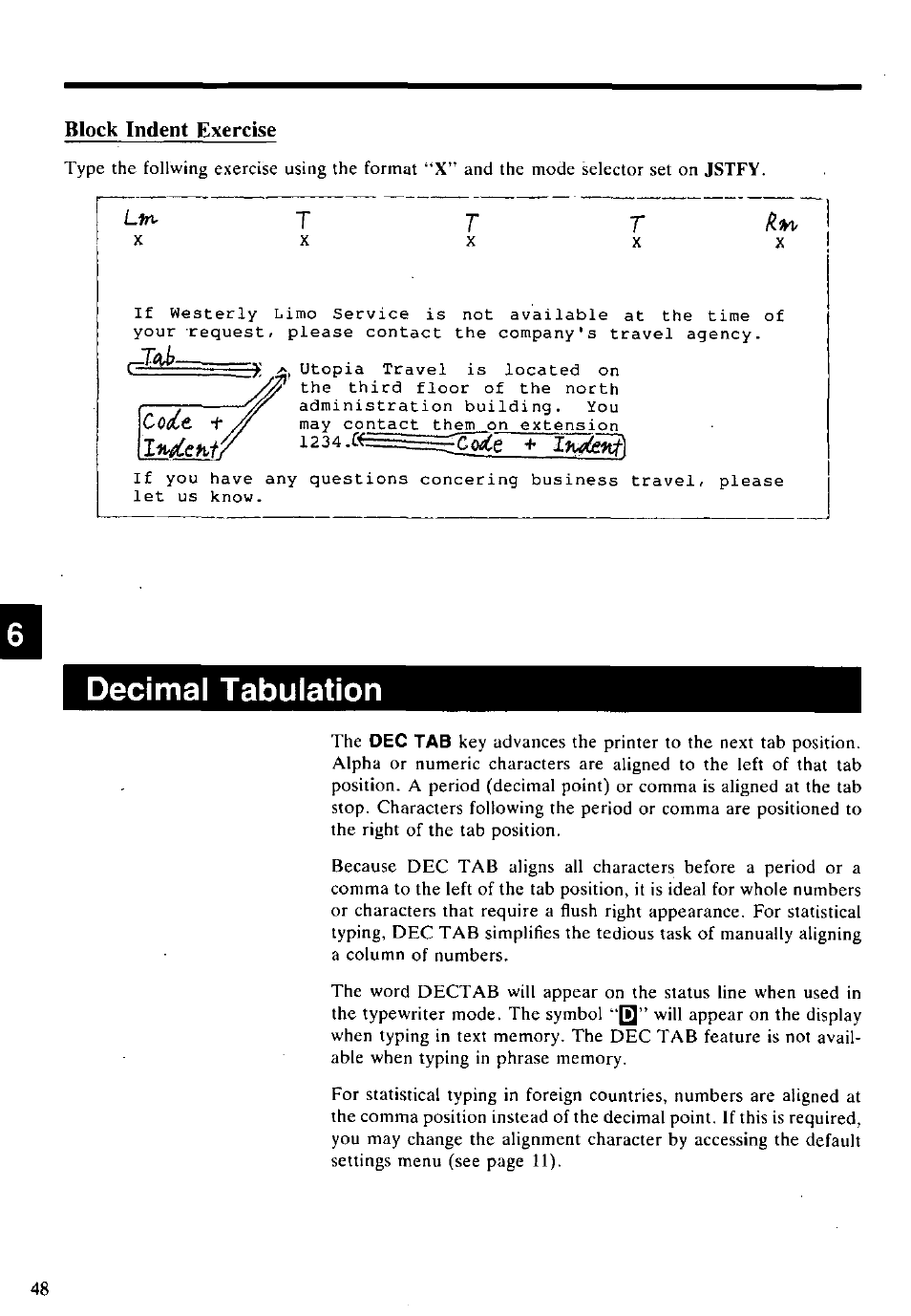 Block indent exercise, Decimal tabulation | Panasonic KX-E2500 User Manual | Page 58 / 252