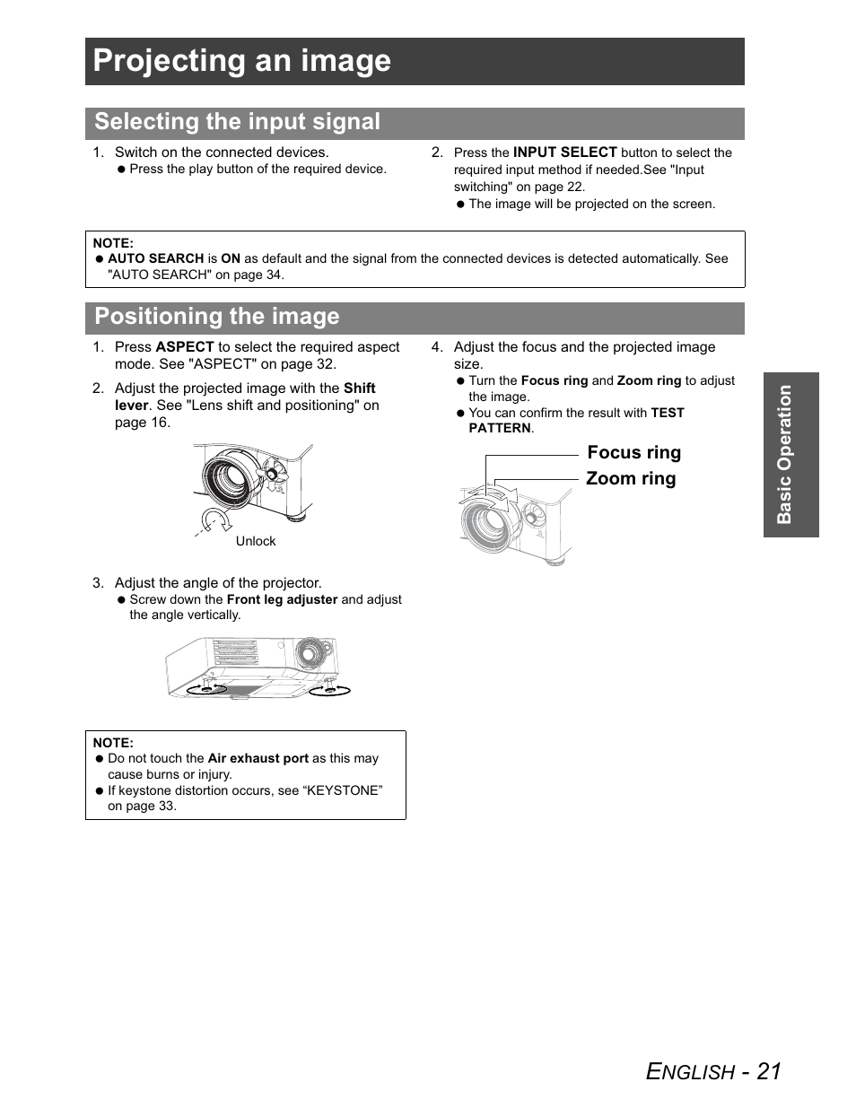 Projecting an image, Selecting the input signal, Positioning the image | Nglish | Panasonic PT-AX100U User Manual | Page 21 / 52