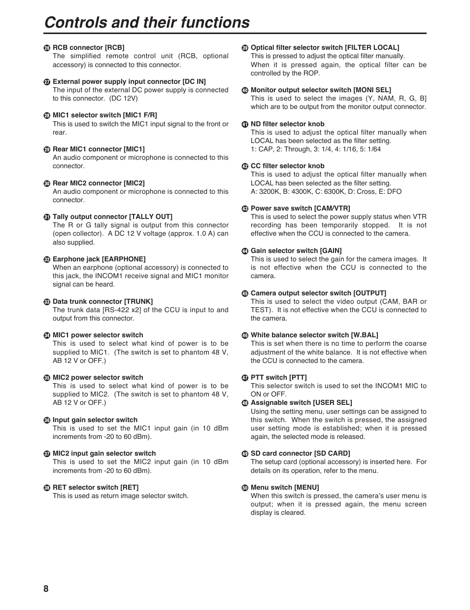 Controls and their functions | Panasonic AK-HC931P User Manual | Page 8 / 30