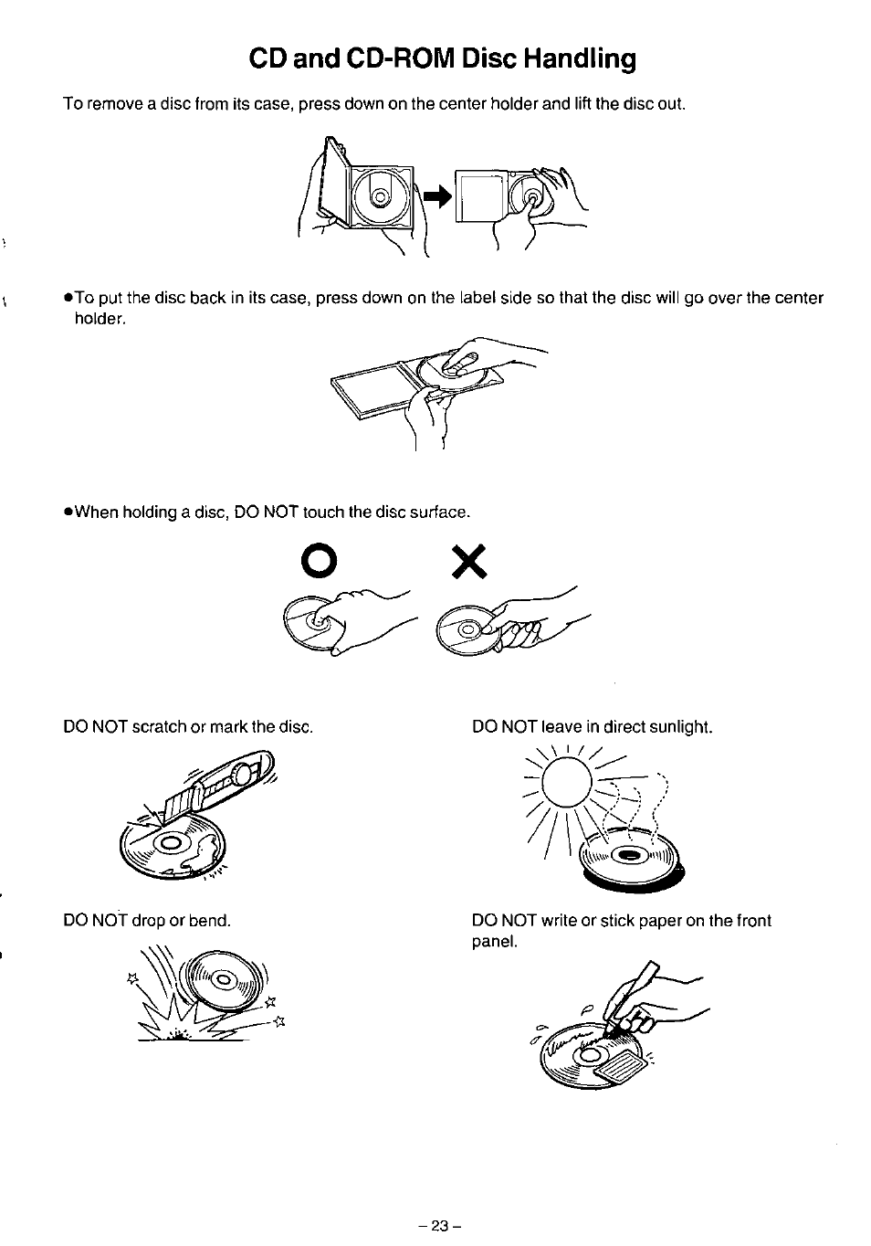 Cd and cd-rom disc handling | Panasonic LF-1004AB User Manual | Page 23 / 40