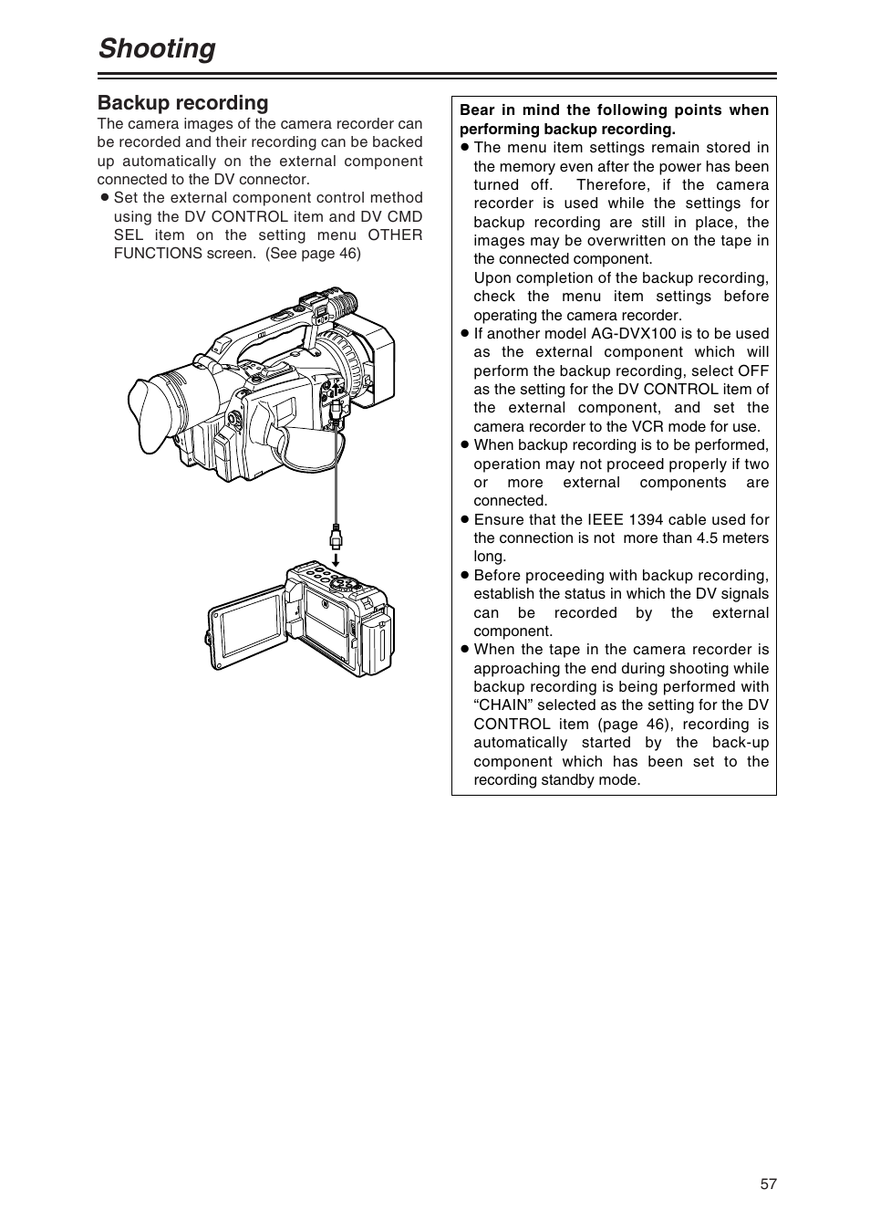Shooting, Backup recording | Panasonic AG-DVX100P User Manual | Page 57 / 68