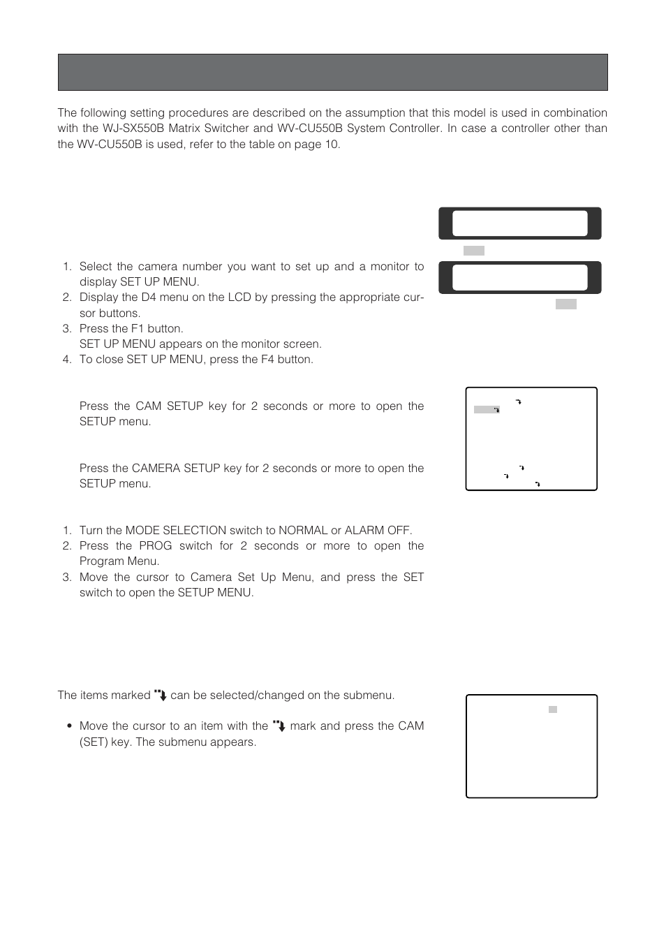 Setting procedures, Menu display | Panasonic WV-CW864 User Manual | Page 15 / 60