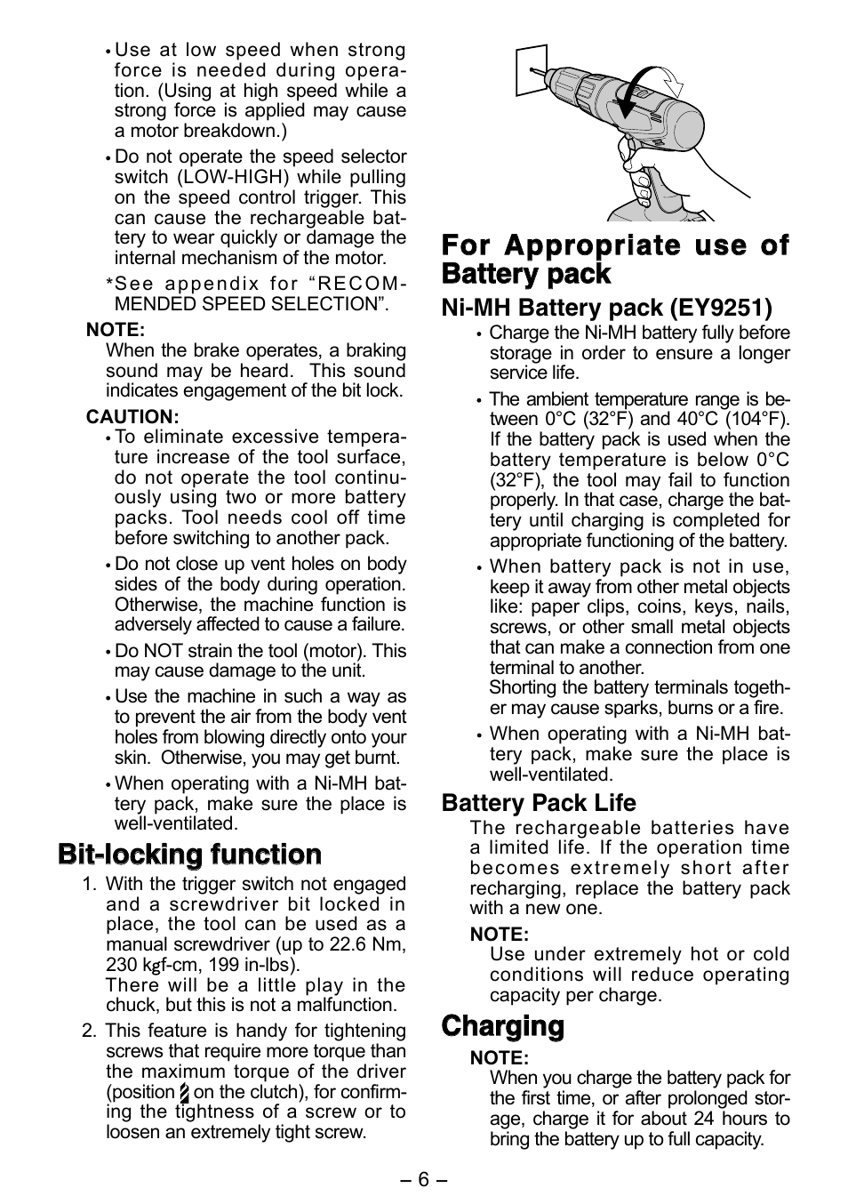 Bit-locking function, Charging, Ni-mh battery pack (ey9251) | Battery pack life | Panasonic EY6450 User Manual | Page 6 / 12