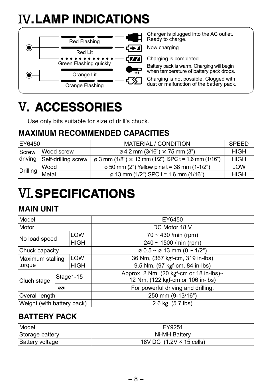 Lamp indications lamp indications, Accessories accessories, Specifications specifications | Maximum recommended capacities, Main unit, Battery pack | Panasonic EY6450 User Manual | Page 8 / 12