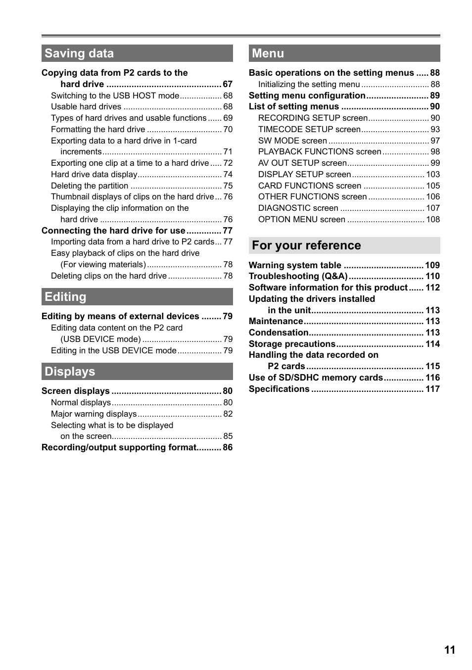 Saving data, Editing, Displays | Menu, For your reference | Panasonic P2HD AG-HPG20P User Manual | Page 11 / 120