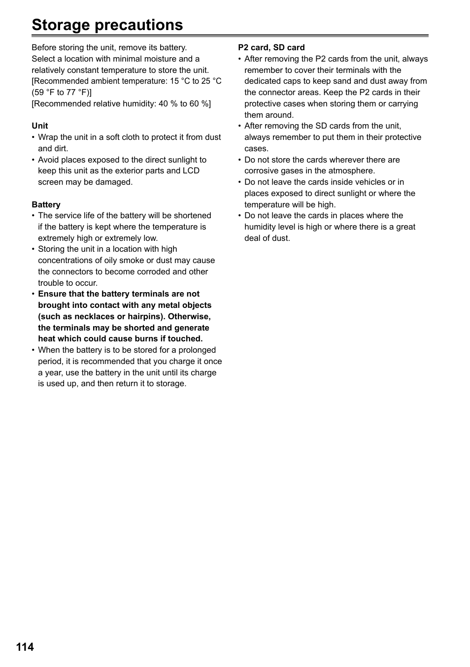 Storage precautions | Panasonic P2HD AG-HPG20P User Manual | Page 114 / 120