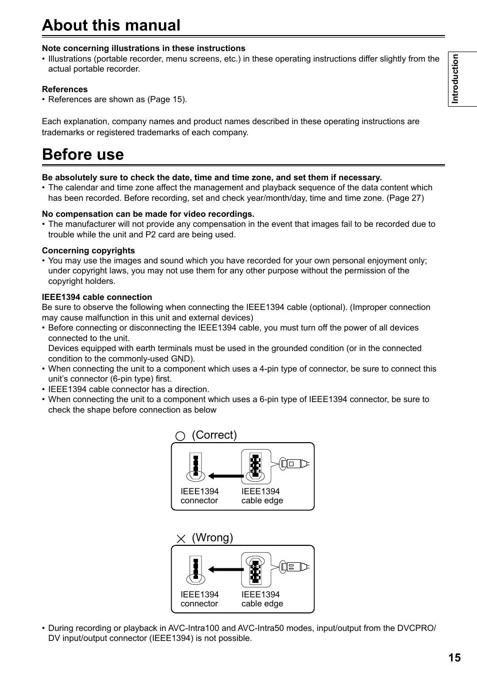 About this manual, Before use, About this manual before use | Wrong) (correct) | Panasonic P2HD AG-HPG20P User Manual | Page 15 / 120