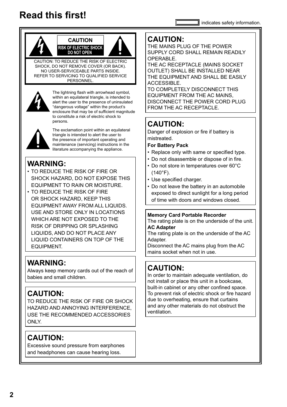 Read this first, Warning, Caution | Panasonic P2HD AG-HPG20P User Manual | Page 2 / 120