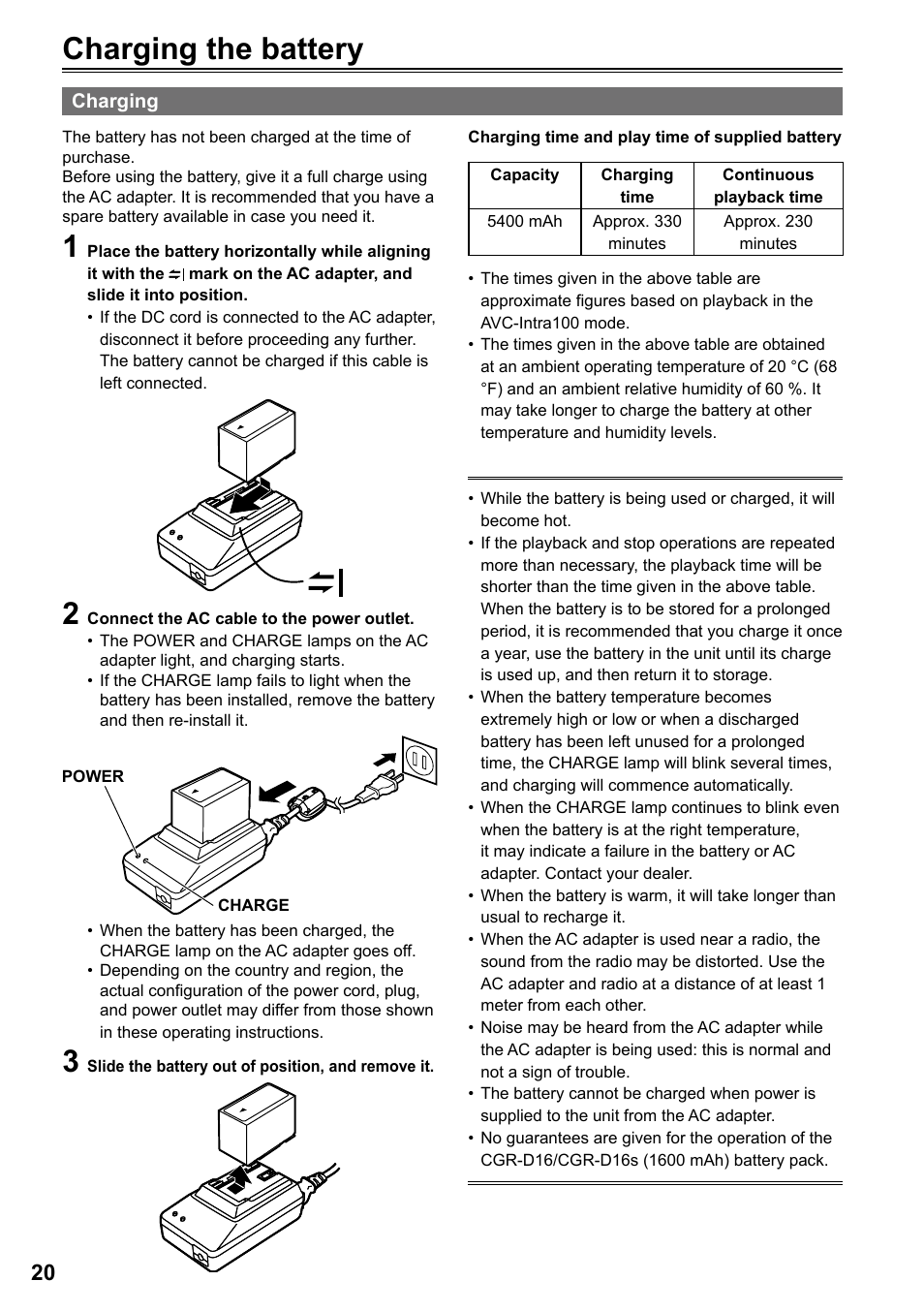 Charging the battery, Charging | Panasonic P2HD AG-HPG20P User Manual | Page 20 / 120