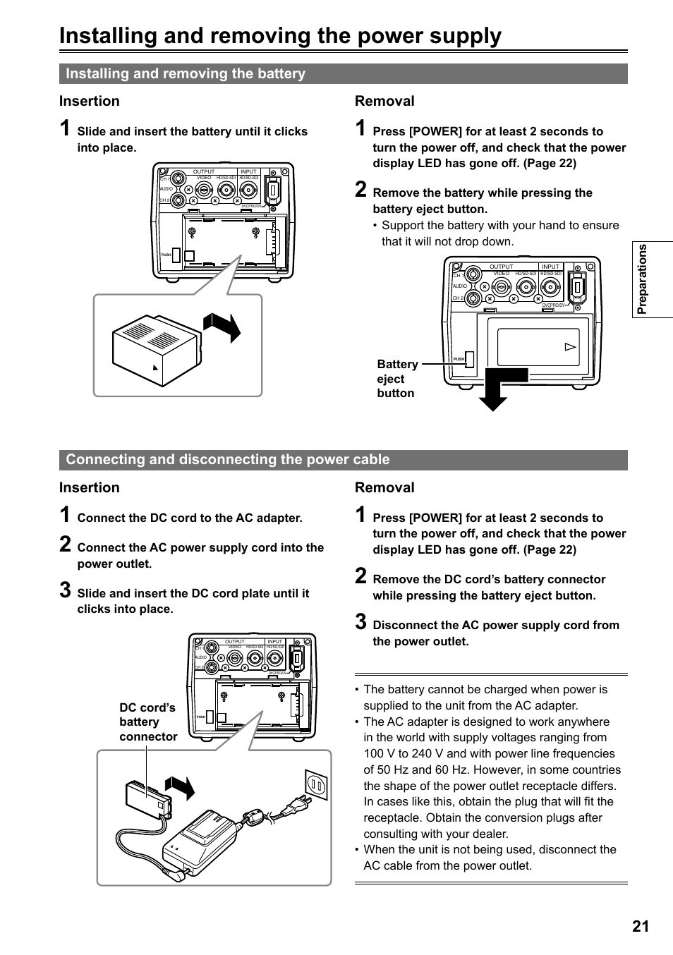 Installing and removing the power supply, Installing and removing the battery, Connecting and disconnecting the power cable | Insertion, Removal | Panasonic P2HD AG-HPG20P User Manual | Page 21 / 120
