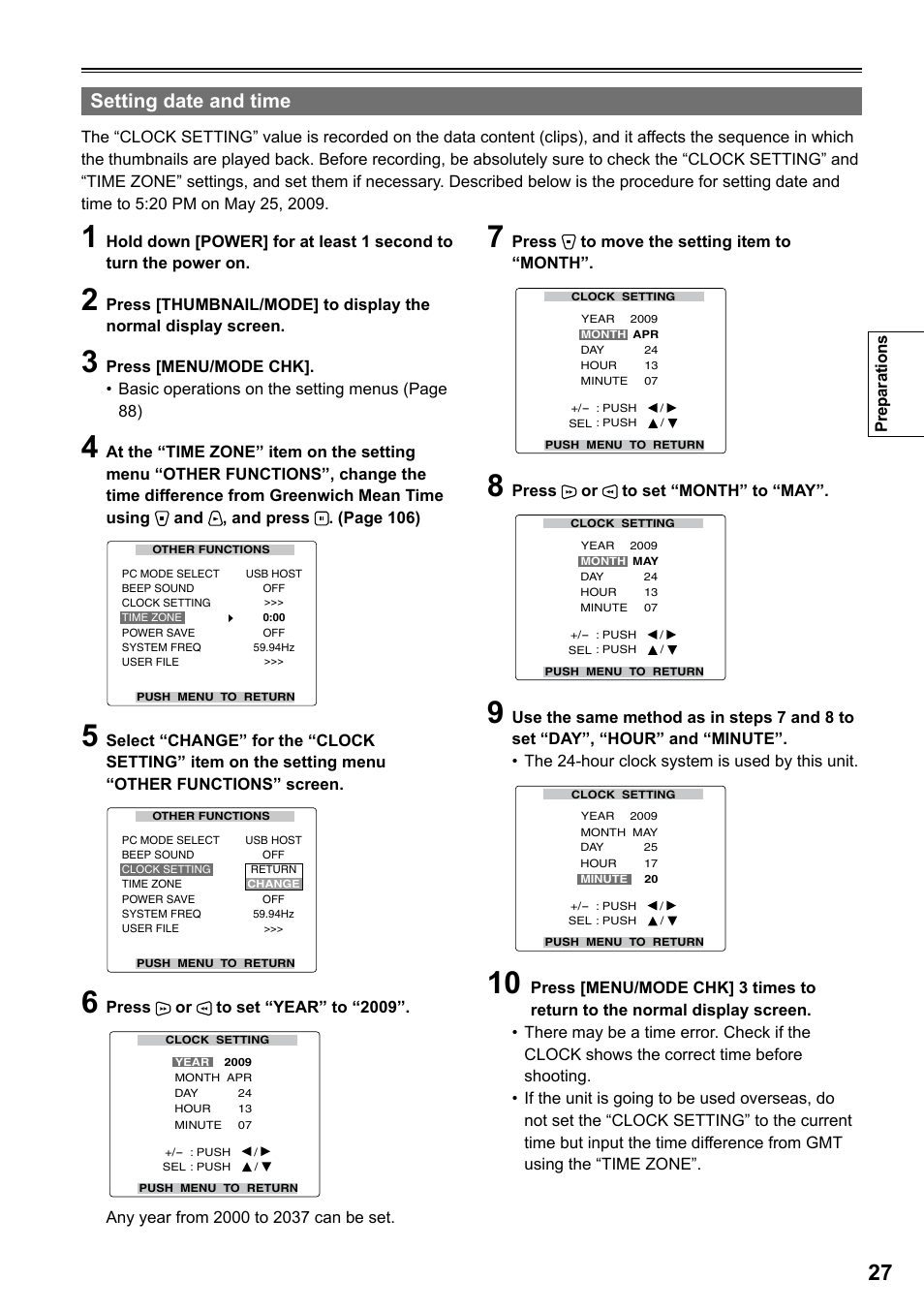 Setting date and time | Panasonic P2HD AG-HPG20P User Manual | Page 27 / 120