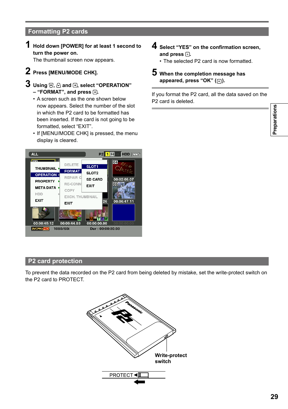 Formatting p2 cards, P2 card protection | Panasonic P2HD AG-HPG20P User Manual | Page 29 / 120