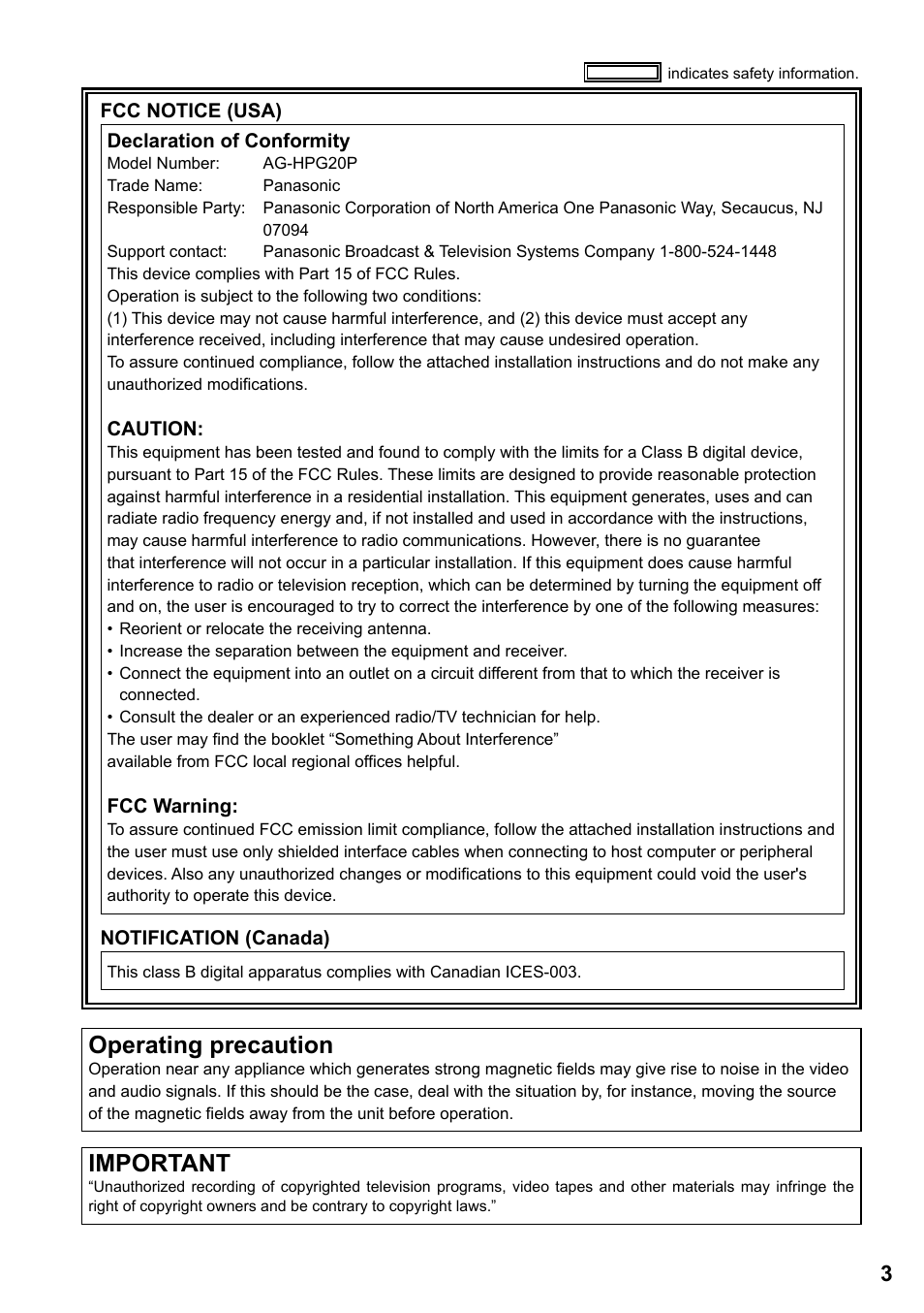 Important, Operating precaution | Panasonic P2HD AG-HPG20P User Manual | Page 3 / 120